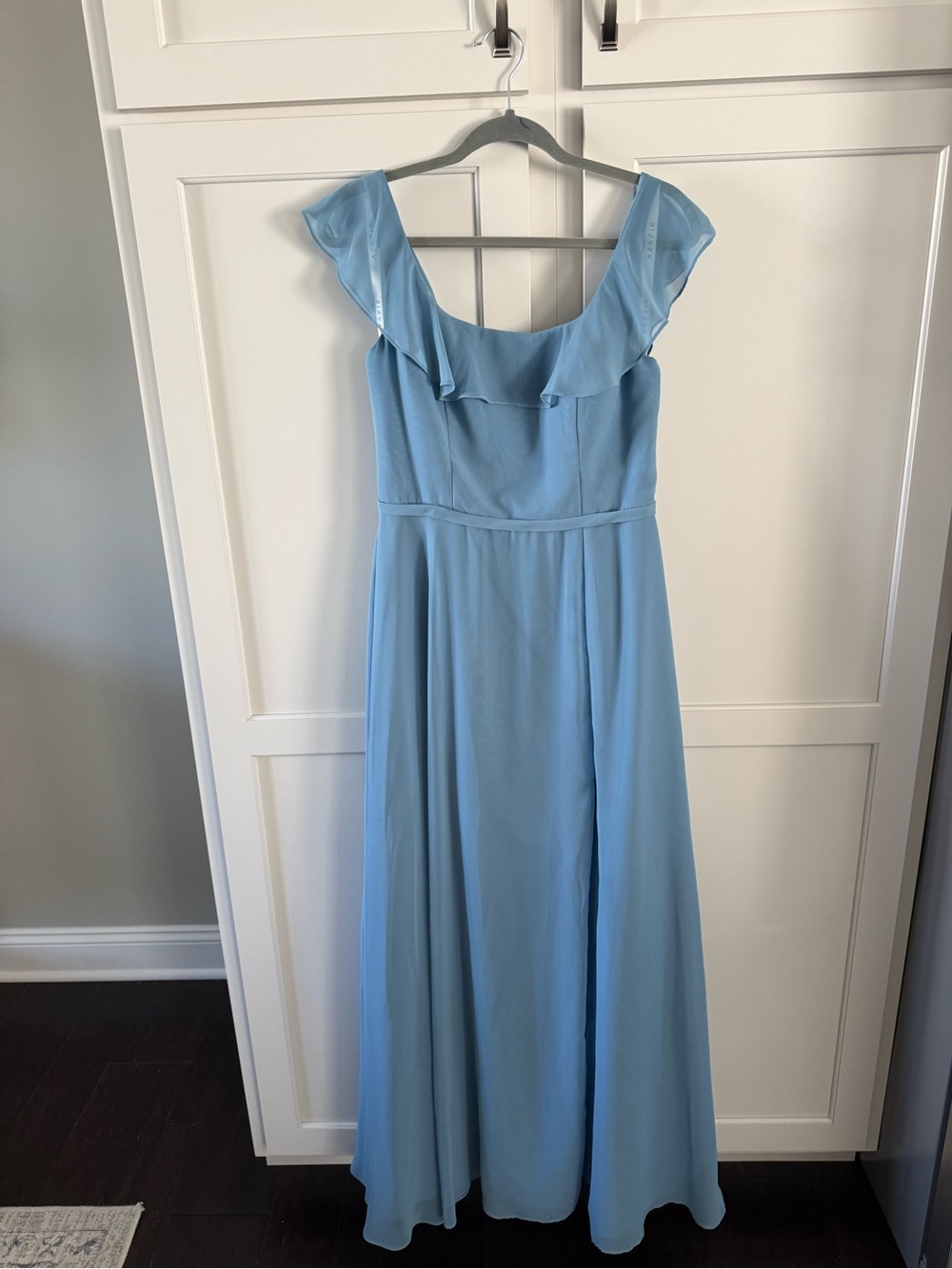 Azazie Steel Blue Ruffle-Shoulder Dress